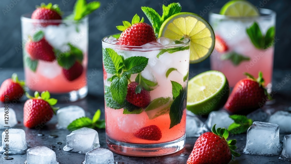 Fresh strawberry mint cocktail with lime slices and crushed ice on a textured dark surface surrounded by strawberries and mint leaves Fresh strawberry mint cocktail with lime slices and crushed ice on a textured dark surface surrounded by strawberries and mint leaves