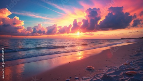 Fototapeta Naklejka Na Ścianę i Meble -  Colorful sunset over calm ocean waves with clouds reflected on the water at a sandy beach shoreline.