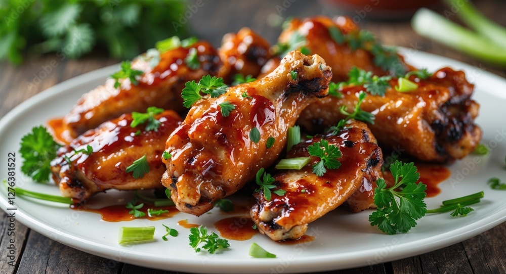 Grilled chicken wings coated in barbecue sauce with fresh cilantro on a white plate served on a rustic wooden table Grilled chicken wings coated in barbecue sauce with fresh cilantro on a white plate served on a rustic wooden table
