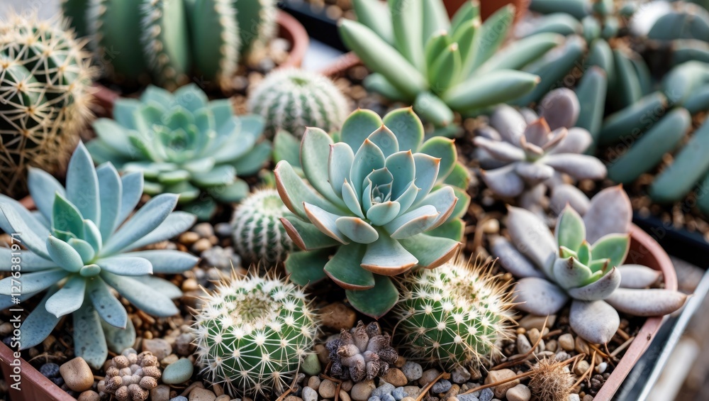 Various succulent plants and cacti in pots with gravel soil arranged together in a garden setting Various succulent plants and cacti in pots with gravel soil arranged together in a garden setting