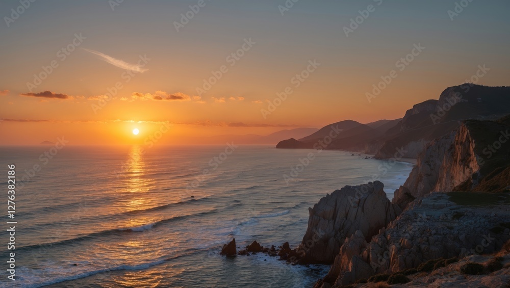 Coastal landscape during sunset with orange sky and gentle waves crashing against rocky cliffs and distant hills Coastal landscape during sunset with orange sky and gentle waves crashing against rocky cliffs and distant hills