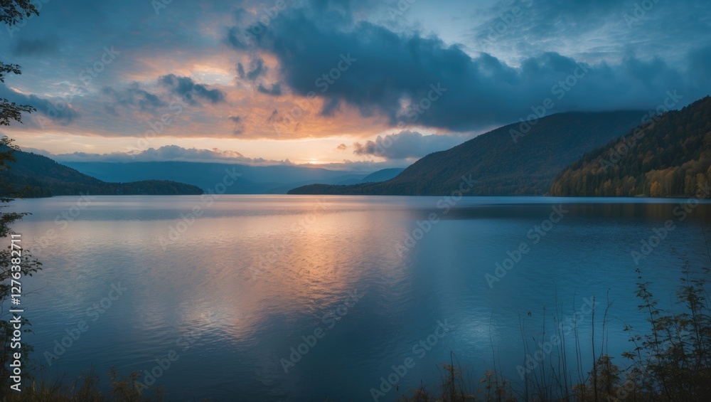 Lake landscape at sunset with mountains in the background and a cloudy sky reflecting on the water surface Lake landscape at sunset with mountains in the background and a cloudy sky reflecting on the water surface