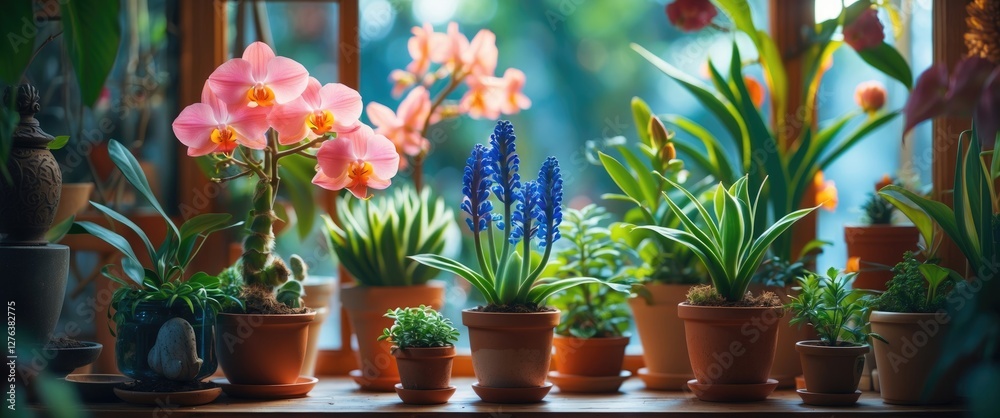 Fototapeta premium Assorted houseplants and flowers including orchids and succulents displayed in decorative pots by a sunny window