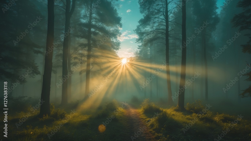 Obraz premium Sunlight filtering through trees in a misty forest creating dramatic ray effects on a secluded path in nature