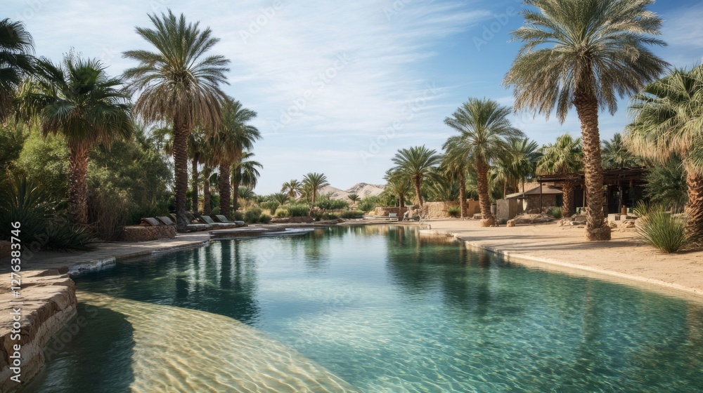 Fototapeta premium Desert resort swimming pool landscape, sunny day