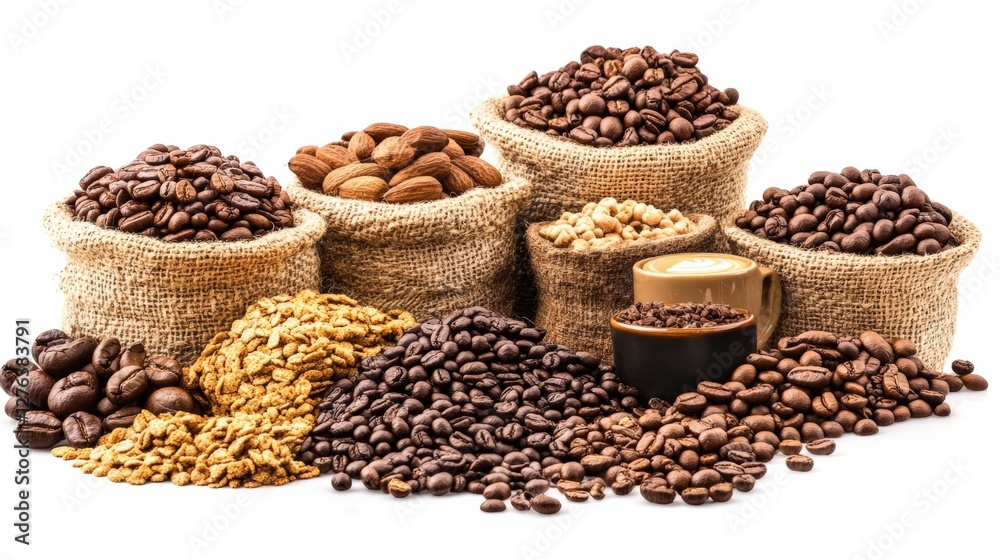 Assorted coffee beans and nuts displayed in burlap sacks with a cup of coffee in the foreground Assorted coffee beans and nuts displayed in burlap sacks with a cup of coffee in the foreground