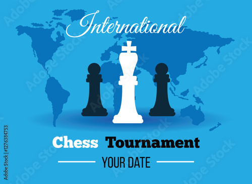 International Chess Tournament Poster with World Map. Intellectual games and leisure activity concept vector art