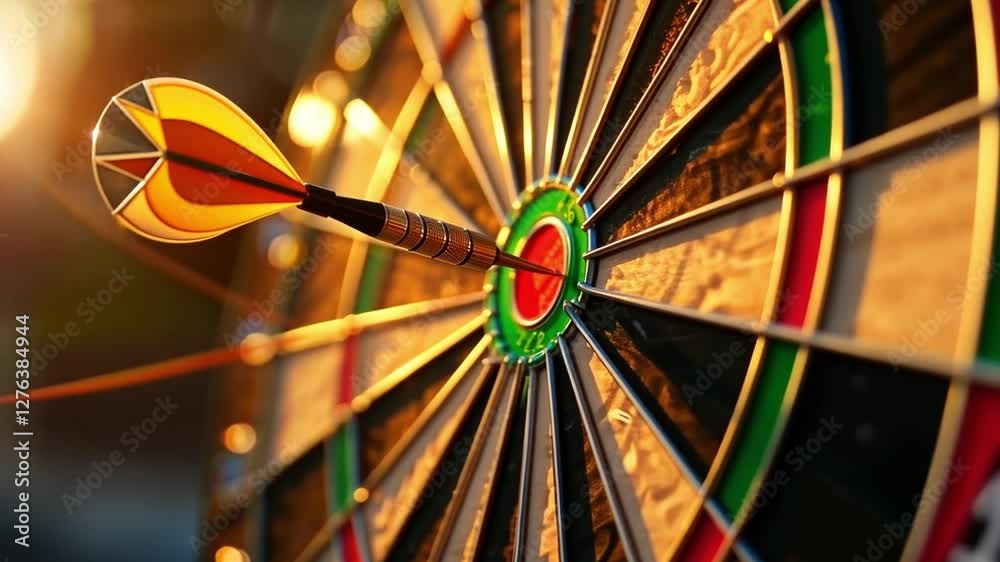 This video showcases a dartboard with a dart hitting the center. It symbolizes focus and success. Ideal for sports and motivation themes. Generative AI