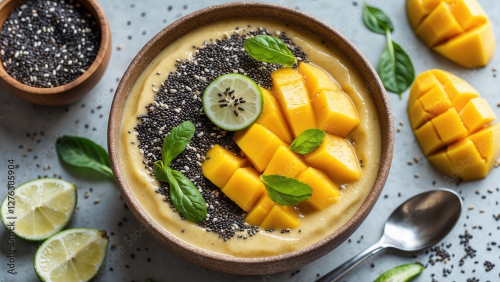 Mango smoothie bowl topped with chia seeds, lime, and fresh mint leaves on a textured surface with sliced lime and mango pieces Mango smoothie bowl topped with chia seeds, lime, and fresh mint leaves on a textured surface with sliced lime and mango pieces