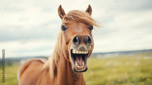 A horse making a goofy face, sticking its teeth out while shaking its head.