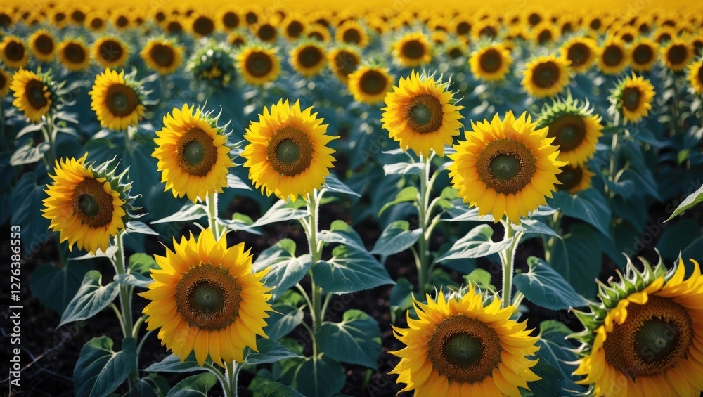 Field of vibrant sunflowers with bright yellow petals and green foliage under clear blue sky during sunny day. Field of vibrant sunflowers with bright yellow petals and green foliage under clear blue sky during sunny day.