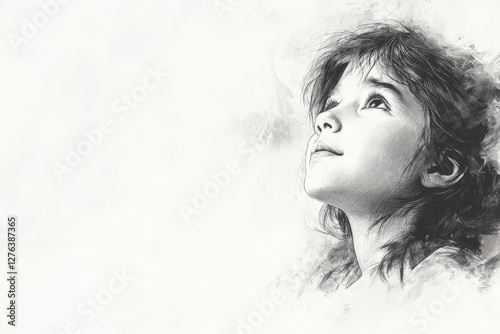 Girl gazing upward with a hopeful expression against a soft, blurred background
