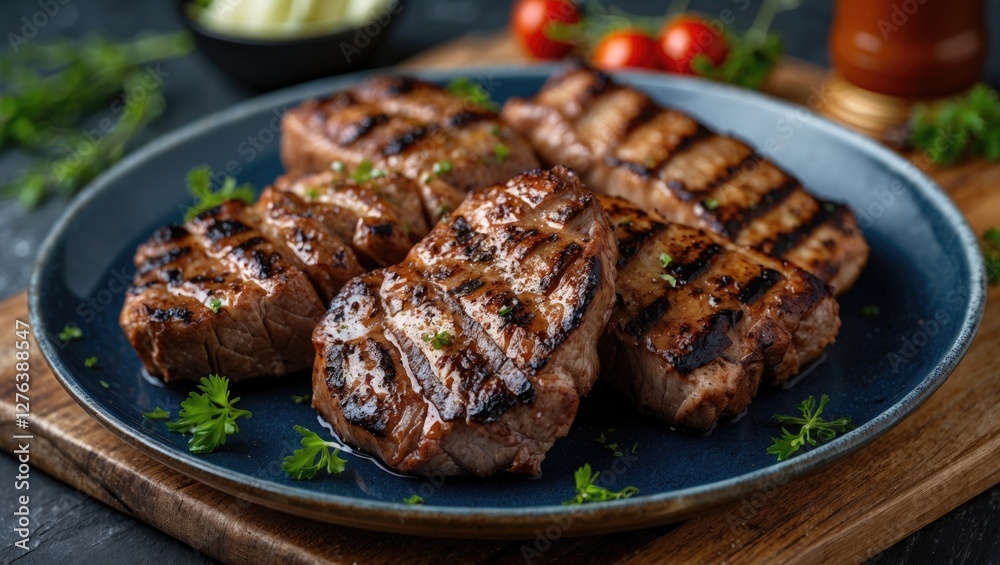Grilled beef steaks on a round plate with herbs and cherry tomatoes on a wooden board against a dark background Grilled beef steaks on a round plate with herbs and cherry tomatoes on a wooden board against a dark background