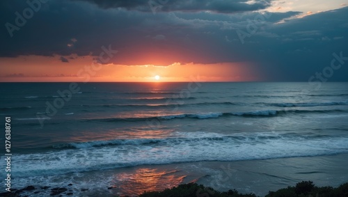 Sunset over calm ocean waves with dramatic clouds and reflective water surface under a vibrant sky near the shore.