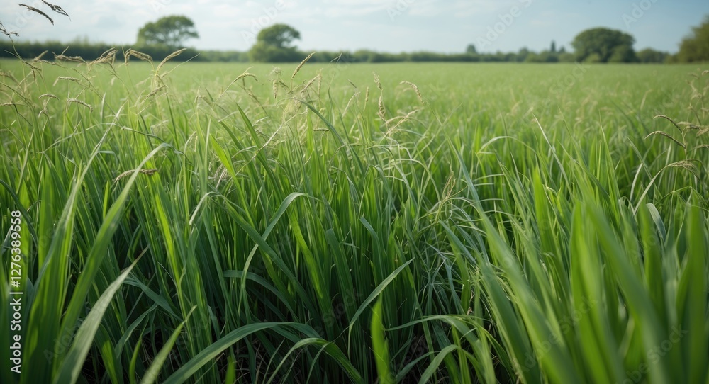 Obraz premium Lush green grass field under a clear blue sky with distant trees on the horizon in a rural landscape setting