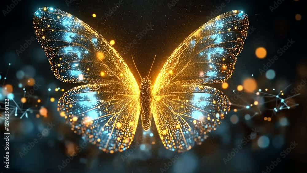 A colorful butterfly with yellow, black, and blue wings flying in nature, showcasing the beauty of summer with its vibrant and delicate features