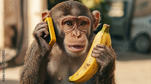 A monkey holding a banana like a phone, looking frustrated as if it's on an important call. photo