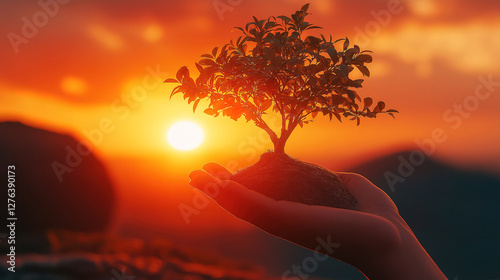 Hands nurturing a young tree in the sunset, promoting Earth Day and environmental protection