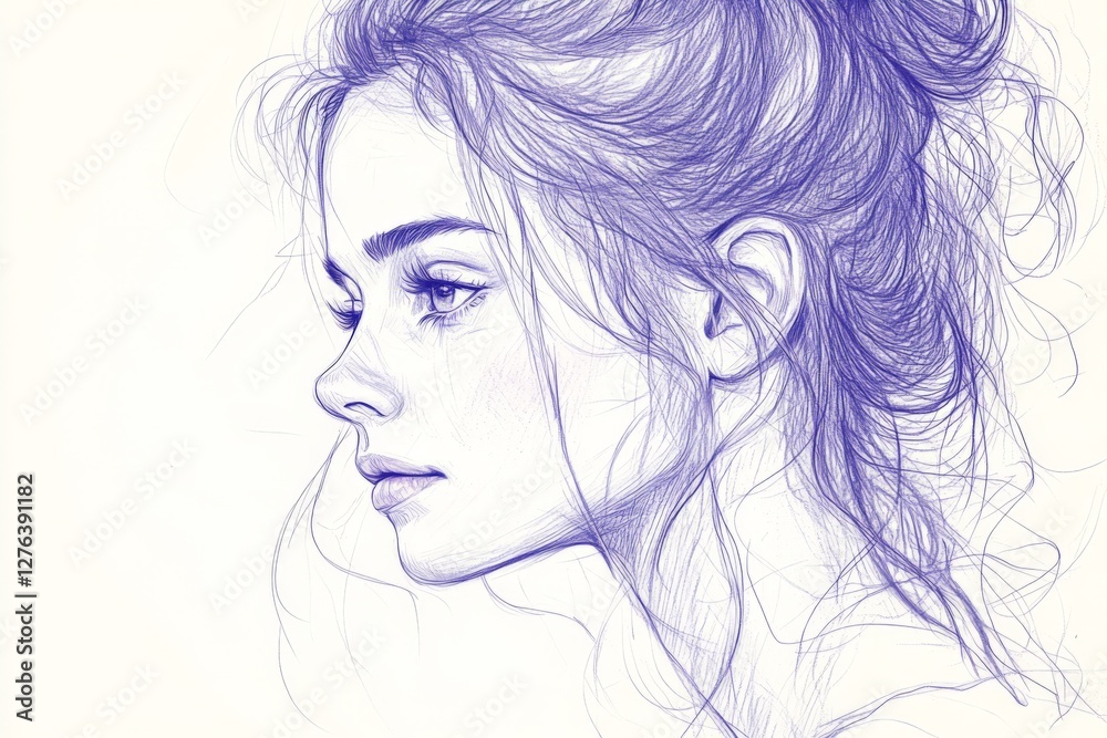 Sketch of a young woman with a bun and expressive features created with blue ink on paper Sketch of a young woman with a bun and expressive features created with blue ink on paper