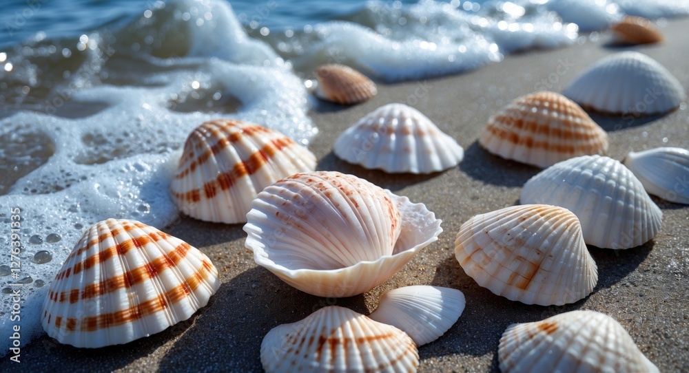 Seashells with orange stripes on sandy beach close to ocean waves under sunlight in a coastal environment Seashells with orange stripes on sandy beach close to ocean waves under sunlight in a coastal environment