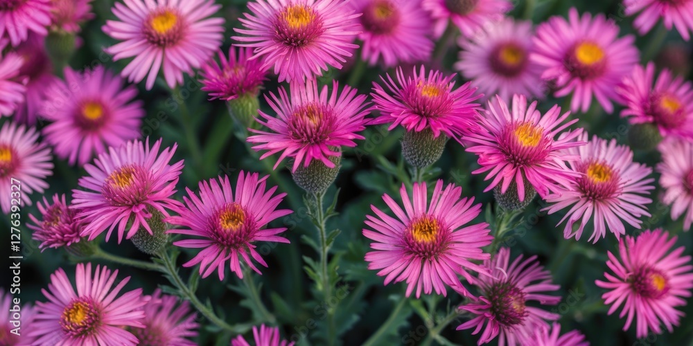 Pink daisy flowers with yellow centers in a lush green garden setting. Vibrant floral display with multiple blooms. Close-up view. Pink daisy flowers with yellow centers in a lush green garden setting. Vibrant floral display with multiple blooms. Close-up view.