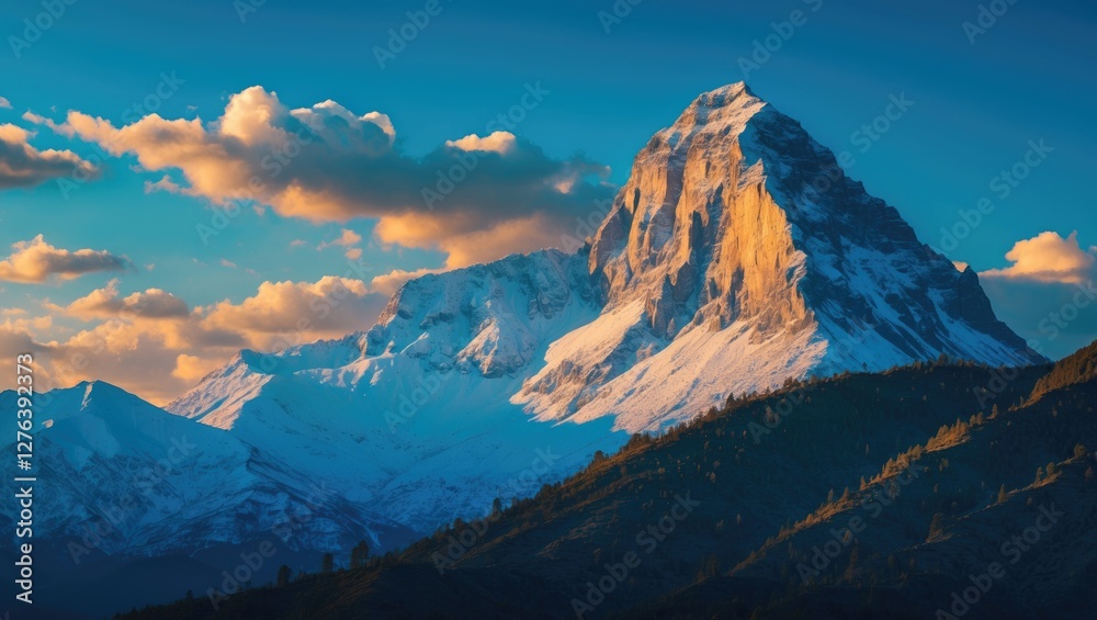 Majestic snow-covered mountain peak under a dramatic sky with clouds at sunset in a mountainous landscape. Majestic snow-covered mountain peak under a dramatic sky with clouds at sunset in a mountainous landscape.
