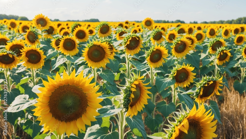 Fototapeta premium Field of vibrant sunflowers in full bloom under a clear blue sky with green foliage surrounding the bright yellow flowers