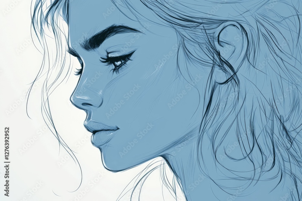Artistic profile sketch of a young woman with detailed facial features in blue tones captured during a creative session