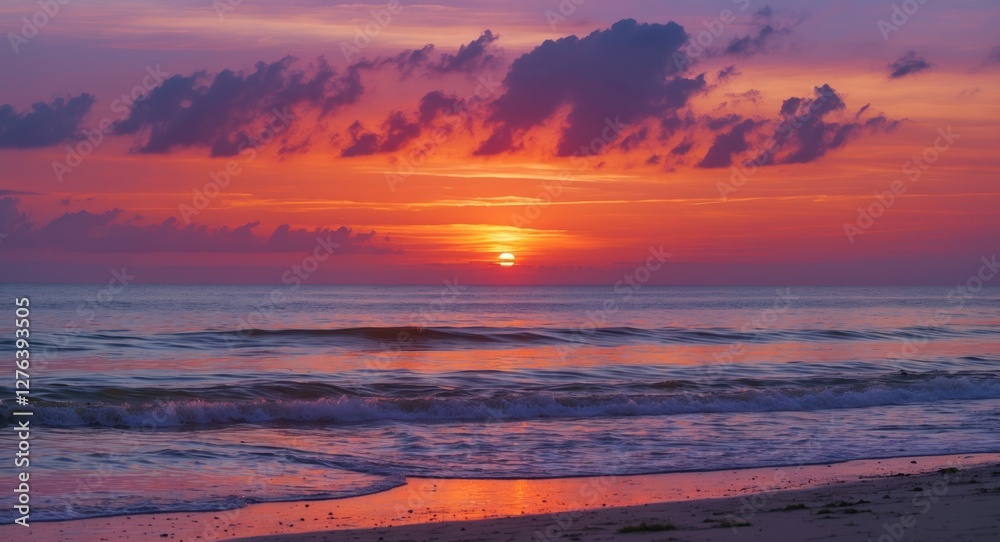 sunset over calm ocean waves with colorful clouds in the sky at a sandy beach shoreline sunset over calm ocean waves with colorful clouds in the sky at a sandy beach shoreline