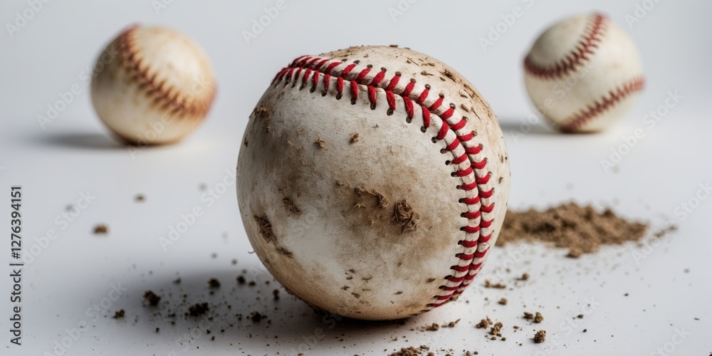 Used and dirty baseballs on a light surface with dirt scattered around them, focus on the front baseball with a blurred background. Used and dirty baseballs on a light surface with dirt scattered around them, focus on the front baseball with a blurred background.