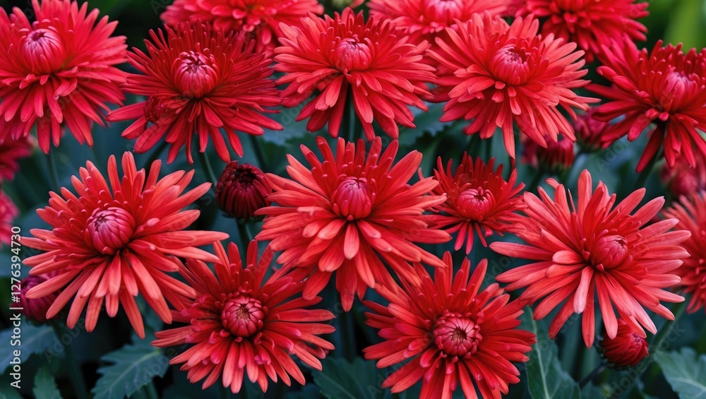 Vibrant red chrysanthemums in full bloom against lush green foliage showcasing floral beauty and natural colors