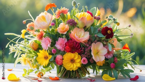 Wallpaper Mural Colorful bouquet of assorted flowers including tulips, daisies, and peonies arranged in a glass vase with green foliage outdoors. Torontodigital.ca