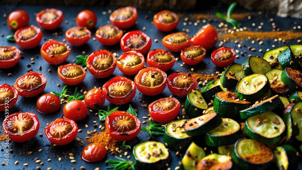 Fresh sliced vegetables including red tomatoes and green zucchinis arranged on a dark surface with spices and herbs scattered around. Fresh sliced vegetables including red tomatoes and green zucchinis arranged on a dark surface with spices and herbs scattered around.