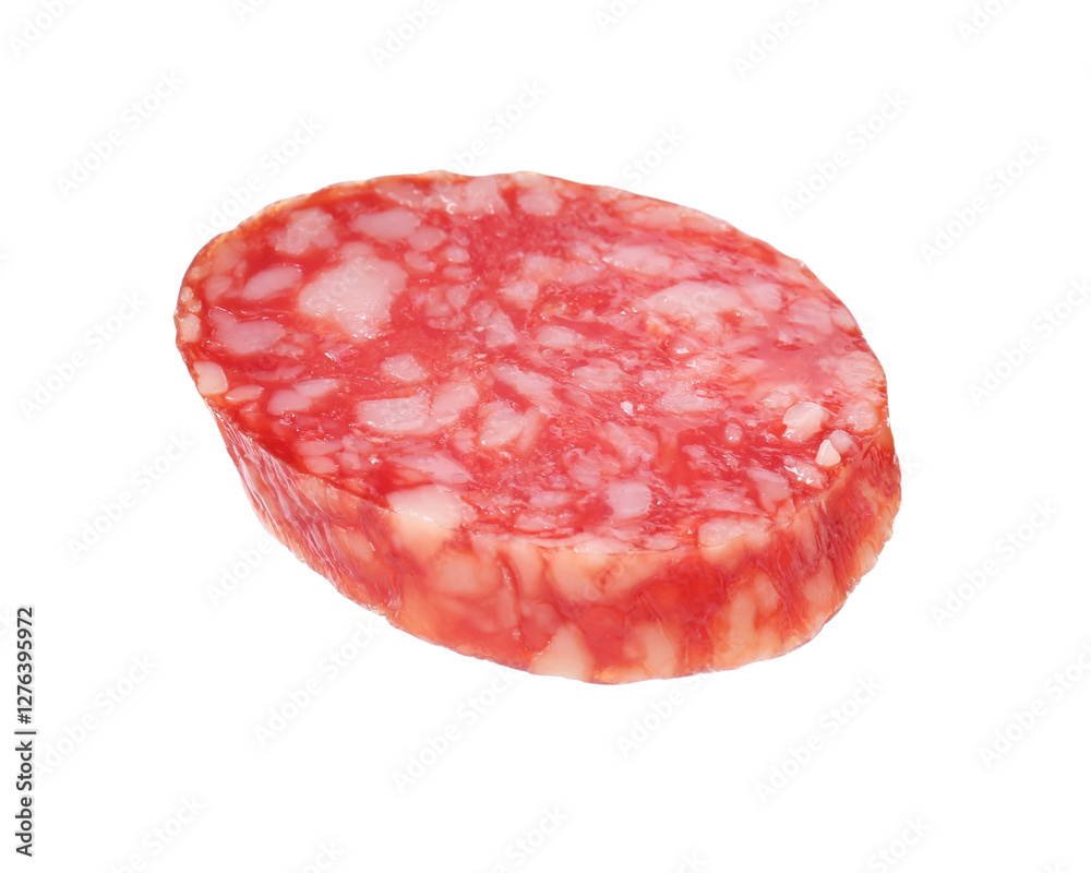 Piece of delicious smoked sausage isolated on white