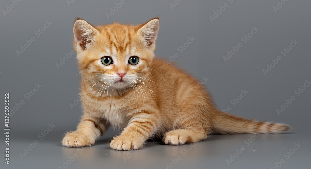 Obraz premium Cute Ginger Kitten Posing on Gray Background Looking at Camera