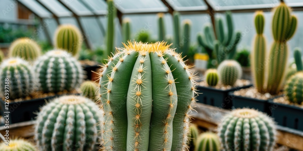 Cacti collection in a greenhouse with various species of cacti including barrel and tall columnar shapes indoor plant exhibition Cacti collection in a greenhouse with various species of cacti including barrel and tall columnar shapes indoor plant exhibition