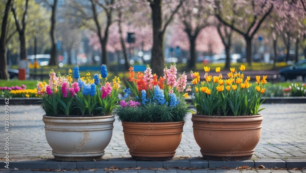 Colorful spring flowers in large garden pots arranged in a park blooming with vibrant colors on a sunny day Colorful spring flowers in large garden pots arranged in a park blooming with vibrant colors on a sunny day