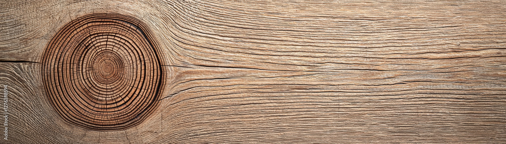 Naklejka premium Blank wooden sign. Natural wood texture with distinct rings, showcasing organic patterns and grain details.
