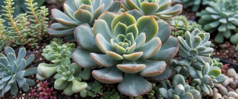 Close-up of various succulent plants with different shapes and colors arranged in a decorative garden setting Close-up of various succulent plants with different shapes and colors arranged in a decorative garden setting