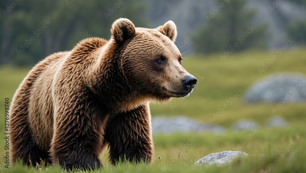Brown bear standing on green grass in natural habitat with rocks and trees in the background during daylight hours Brown bear standing on green grass in natural habitat with rocks and trees in the background during daylight hours