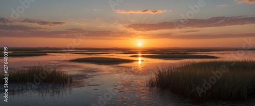 sunset over marshland with reflection in water and silhouette of grasses against colorful sky photo