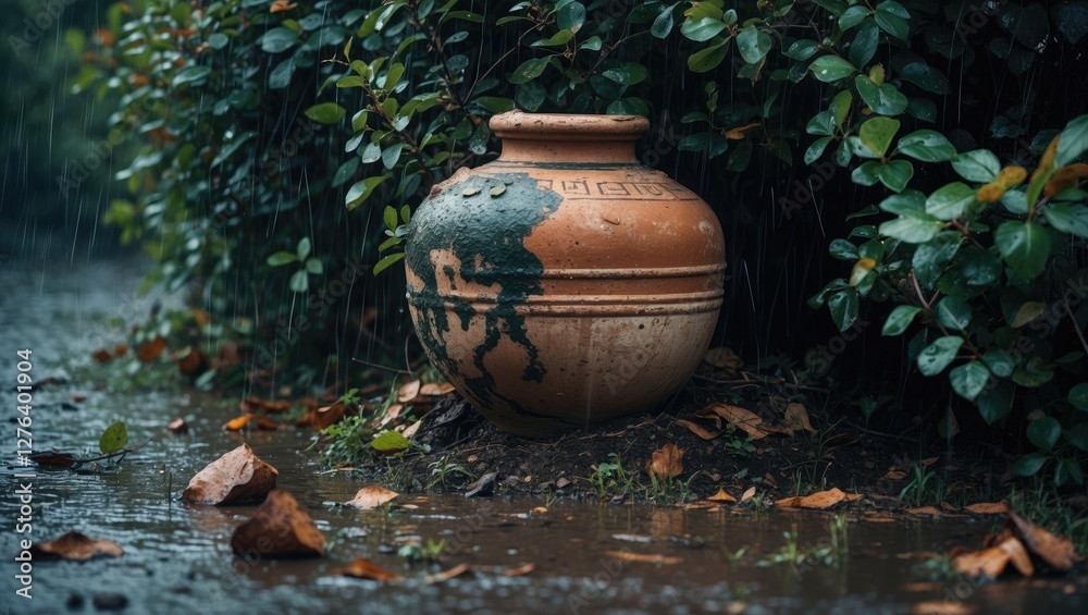 Clay pot beside a rainy pathway surrounded by green foliage and fallen leaves on a wet ground Clay pot beside a rainy pathway surrounded by green foliage and fallen leaves on a wet ground