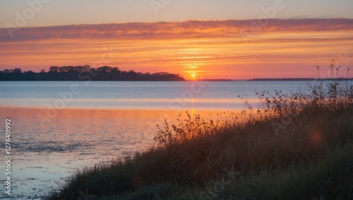 sunset over calm lake with vibrant orange and purple sky and silhouette of grassy shoreline in foreground