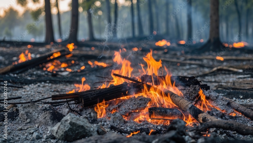 Forest fire aftermath with smoldering ashes, burning logs, and smoke in a wooded area during daytime. Forest fire aftermath with smoldering ashes, burning logs, and smoke in a wooded area during daytime.