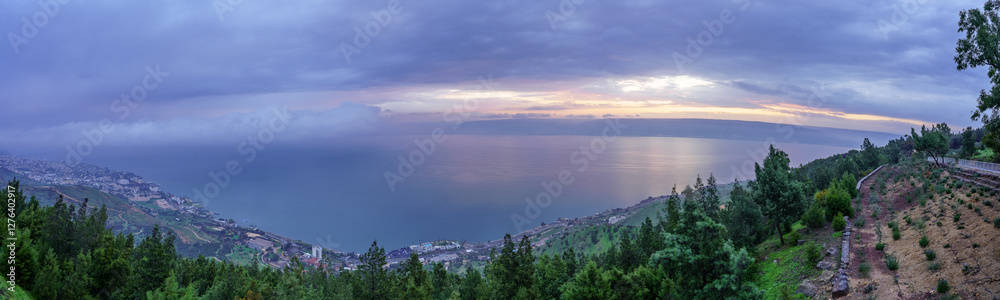 Panoramic sunrise view of the Sea of Galilee