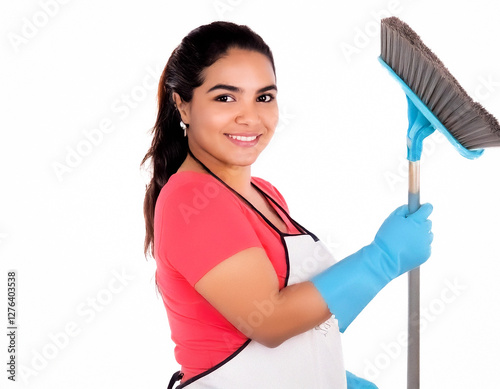 Smiling Cleaning Worker Holding a Broom with Gloves and Apron – Housekeeping and Janitorial Service on White Background photo