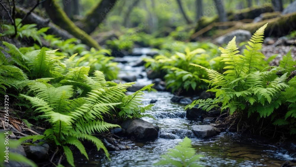 Lush green ferns surrounding a serene stream in a dense forest with sunlight filtering through trees Lush green ferns surrounding a serene stream in a dense forest with sunlight filtering through trees