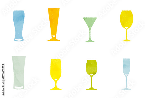 カクテルグラスの水彩イラストセット