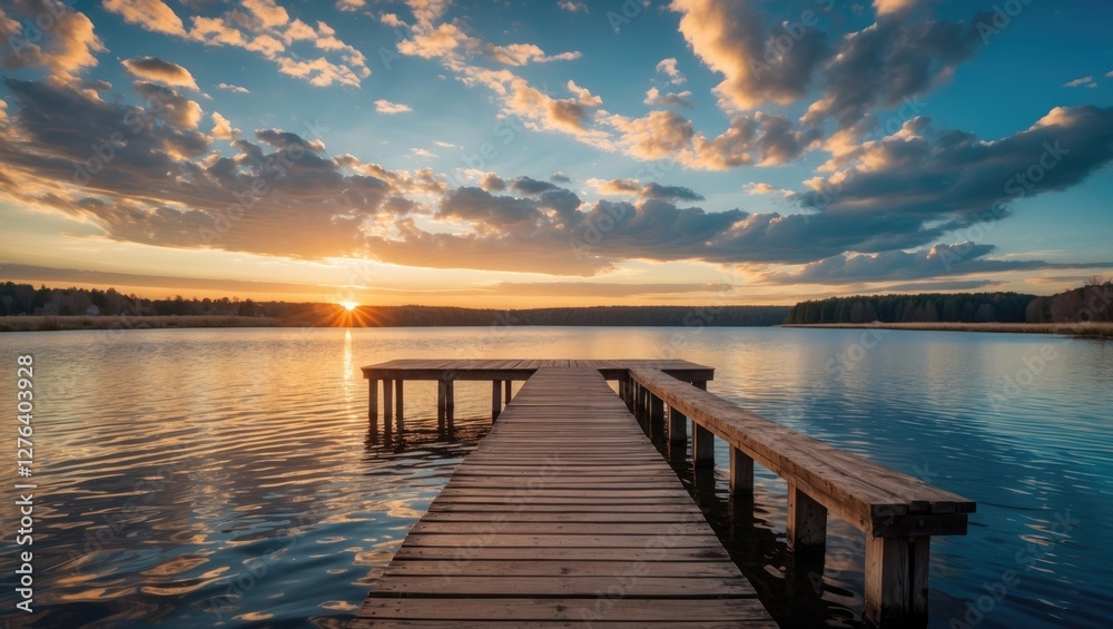 Obraz premium Wooden pier extending into calm lake at sunset with dramatic clouds and reflections on water surface