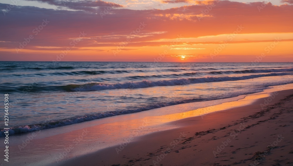 Sunset over ocean waves at sandy beach with colorful sky reflected on water surface. Tranquil shoreline scene during evening hours. Sunset over ocean waves at sandy beach with colorful sky reflected on water surface. Tranquil shoreline scene during evening hours.